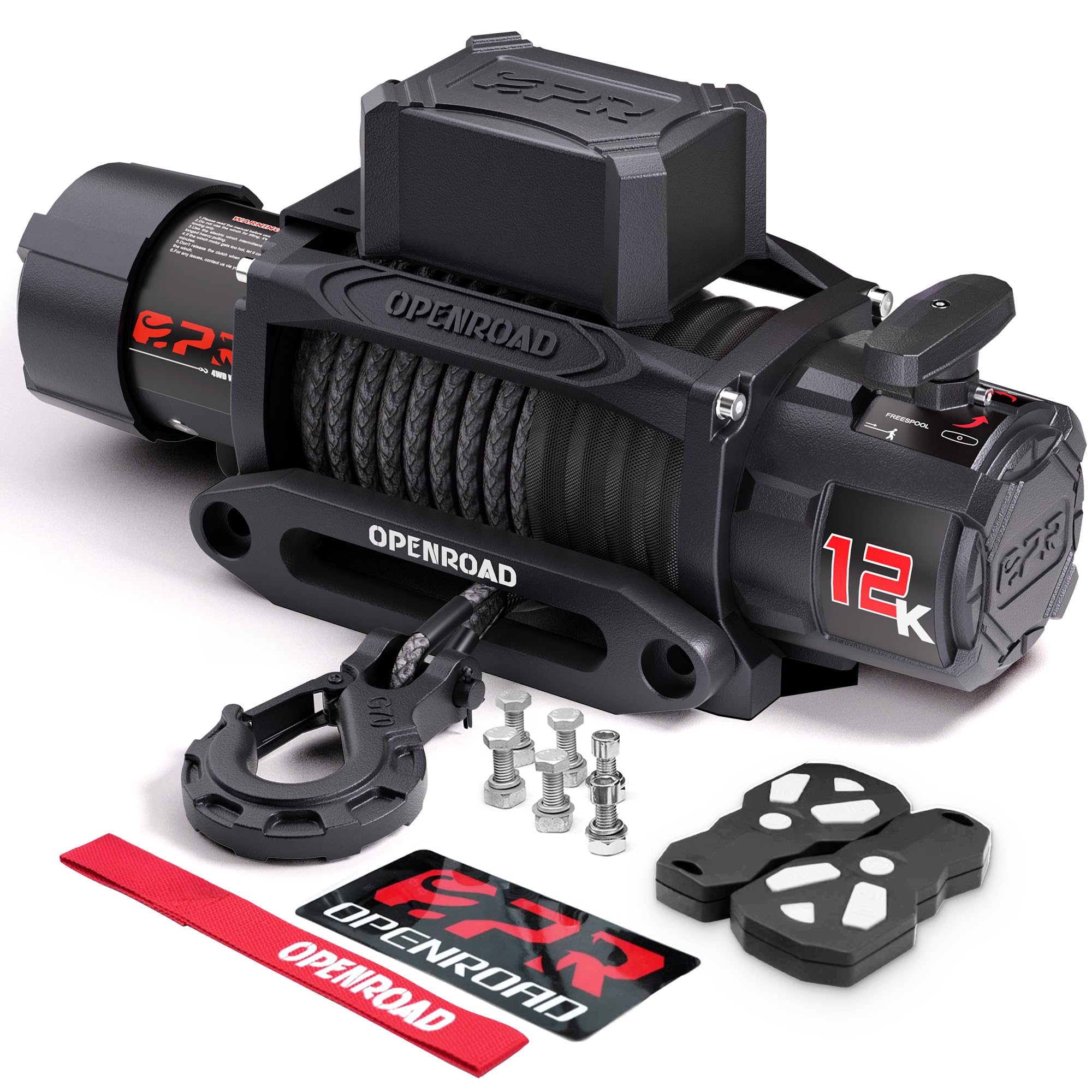 OPENROAD 12000 lb Recovery Winch with Synthetic Rope and 2